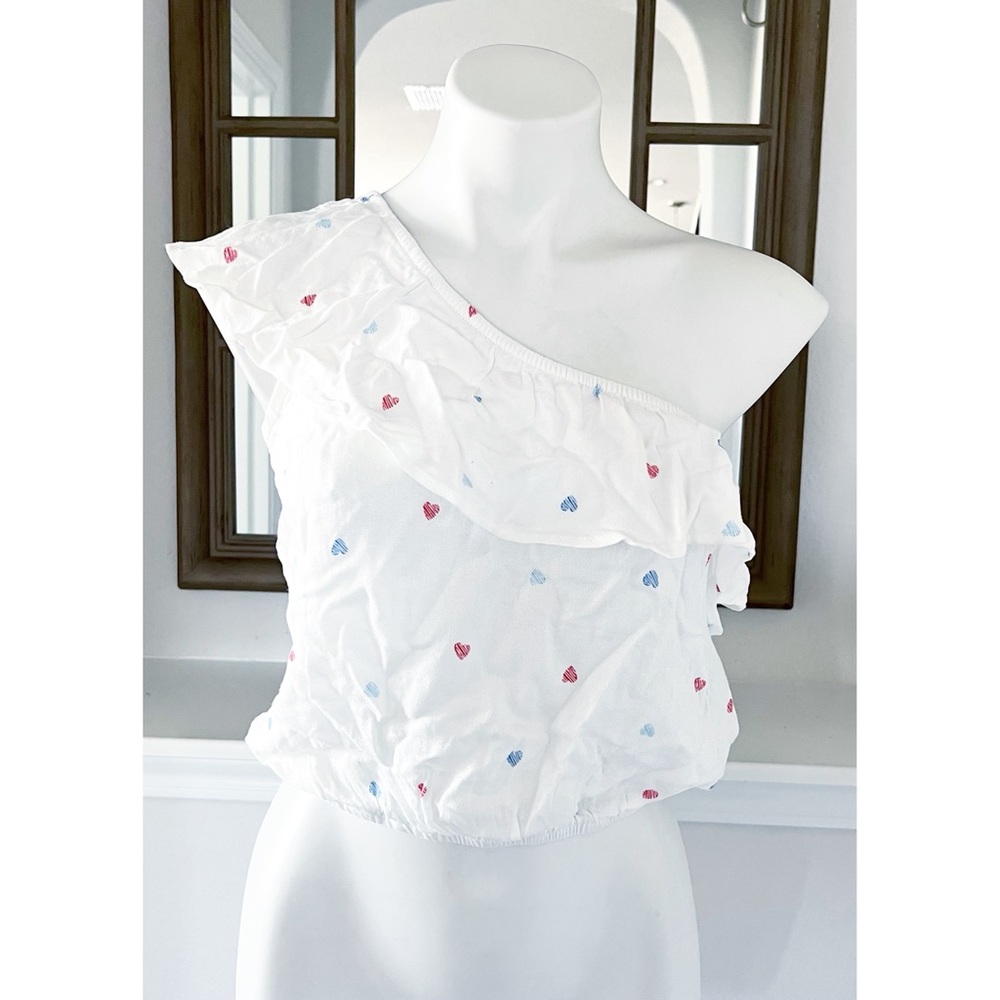 Hippie Rose Tiered One Shoulder Top Red Blue Hearts NWT